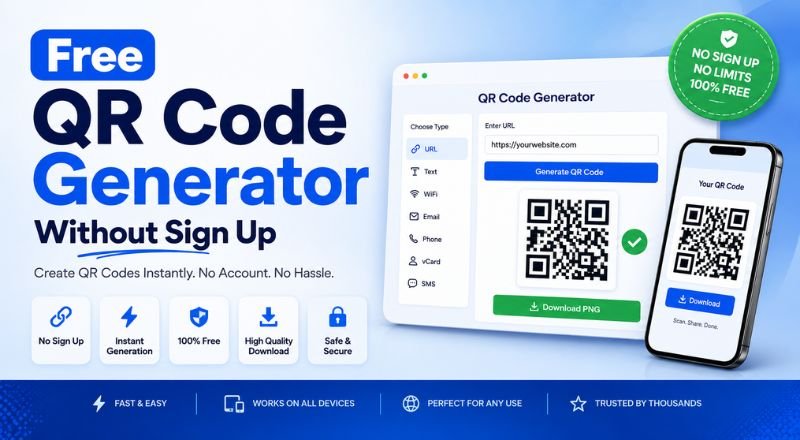 A modern banner showing a free QR code generator without sign up, featuring an online QR code creation interface with instant PNG download and secure QR code generation.