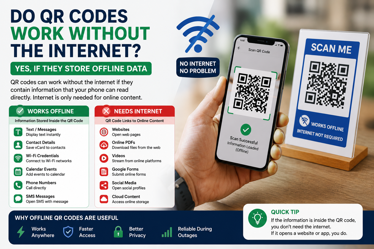 Some QR codes work without the internet by storing information directly inside the code, while others require an online connection.