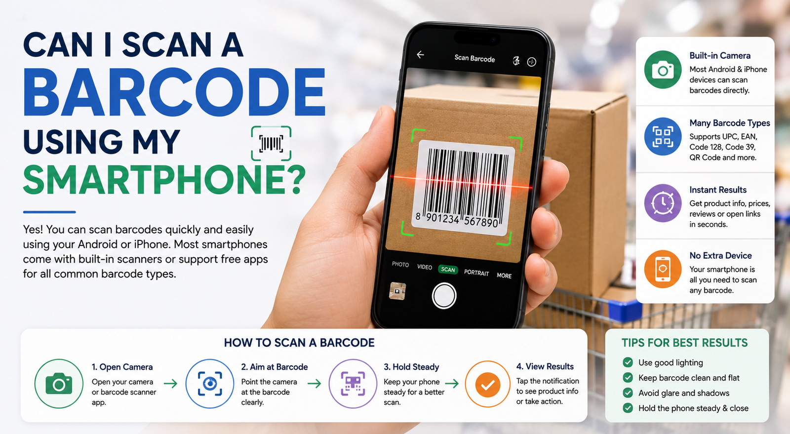 Person scanning a product barcode using a smartphone camera