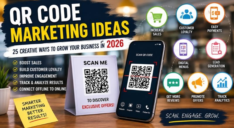 A modern marketing workspace featuring a smartphone scanning a QR code, surrounded by business growth icons representing sales, customer engagement, digital payments, promotions, reviews, and analytics, highlighting innovative QR code marketing strategies