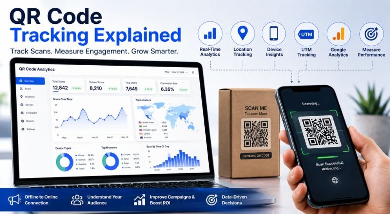 Smartphone scanning a dynamic QR code with a live analytics dashboard showing scan tracking, locations, devices, and marketing performance.