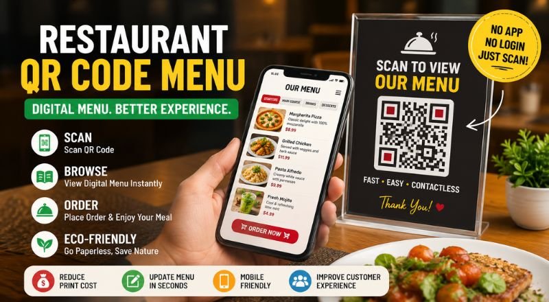 A customer scans a restaurant QR code menu with a smartphone to instantly access a digital menu for contactless dining.
